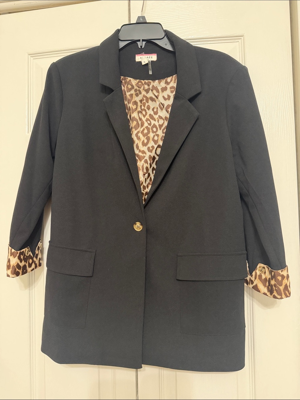 Andree Black Blazer with Leopard-Print Lining and Trim